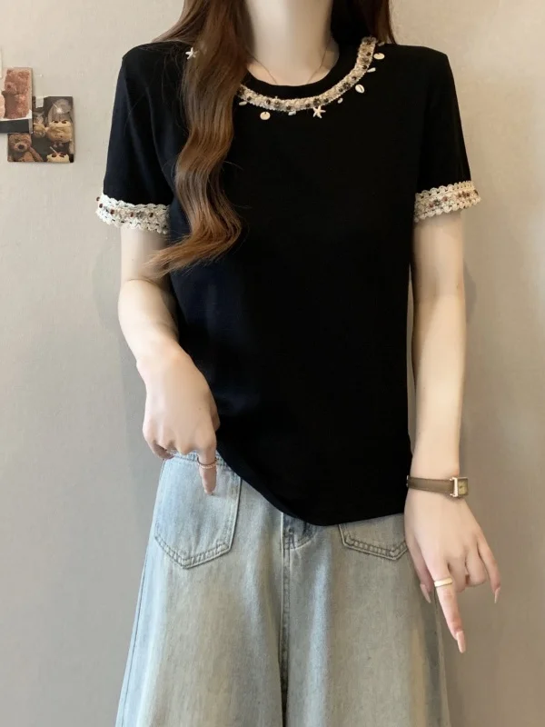 

Ele ell Bead ort Sve T-irt Women's Summer plus Size Slimming Top Ethnic Sle Commute Sle Slim Fit Polyester F...