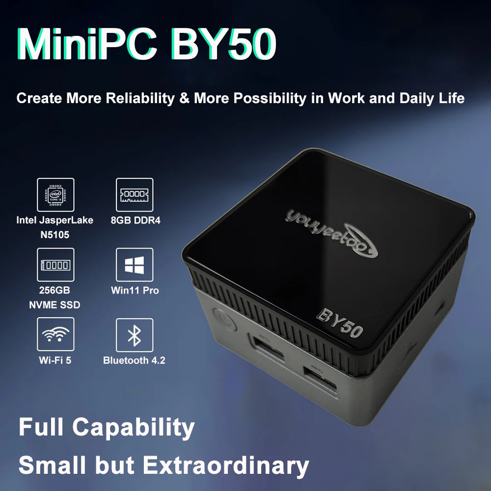 BY50 Mini PC Intel Celeron N5105 Windows 11 DDR4 8GB 256GB SSD Portable Pocket PC WIFI5 1000M LAN BT4.2 VGA 4K Gaming Computer