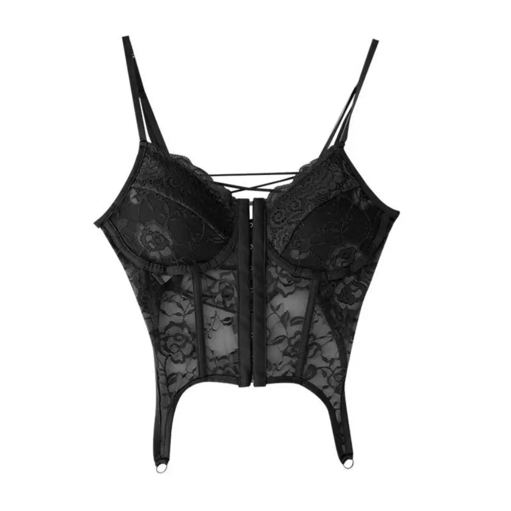 V-Neck Sexy Lace Corset Top Push Up Slim Fit Hollow Suspender Vest Adjustable Straps Sleeveless Breathable Mesh Vest Photograph