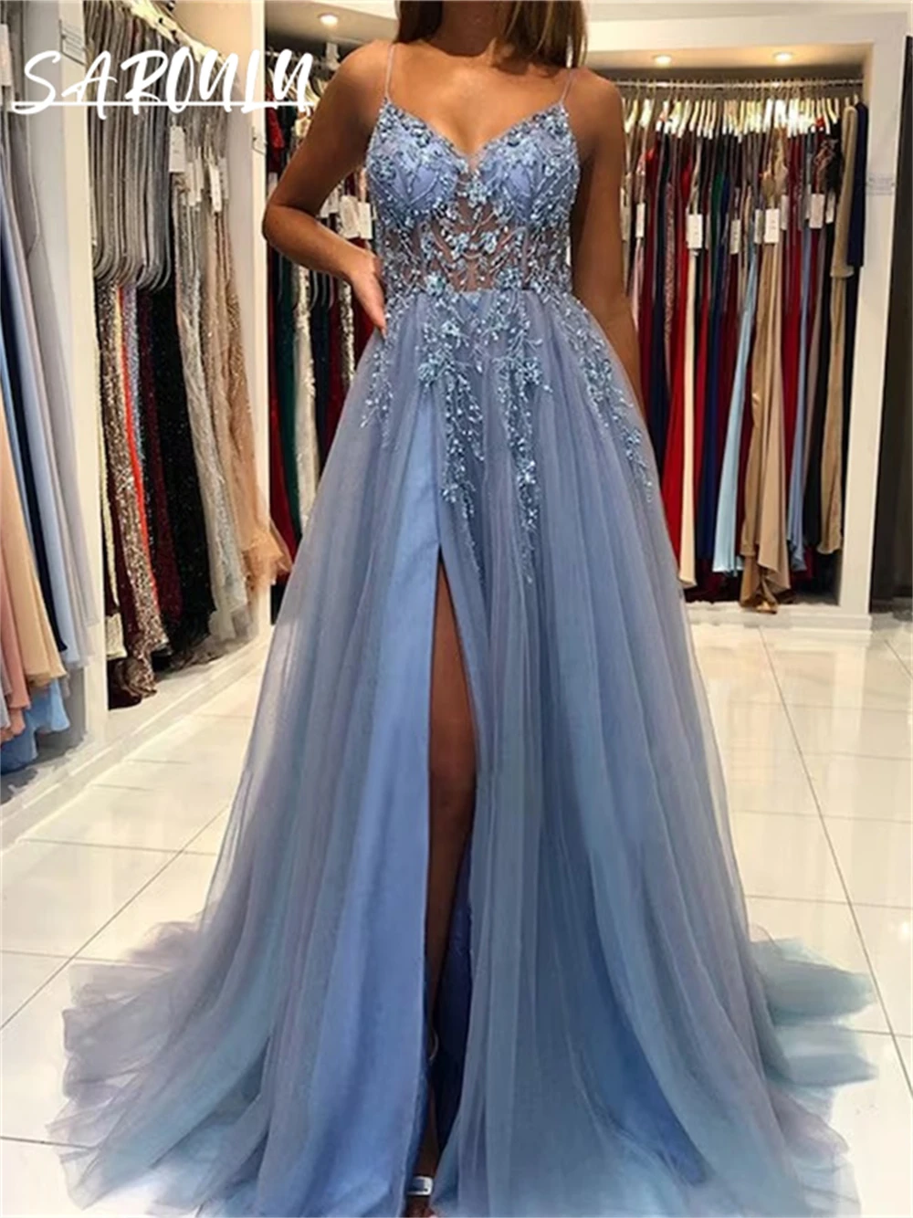 

Embellished Maxi Dress with High Slit, Blue Prom Dress, Pink Prom Dress with Sequin and Beads Embroidery, Graduation Dress