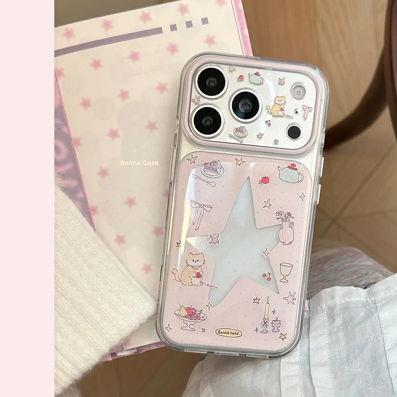 Pink Star Cat Pattern Phone Case, Hollow Out Drip Glue Craft Soft TPU Portable Protective Cover for iPhone 17 Pro Max