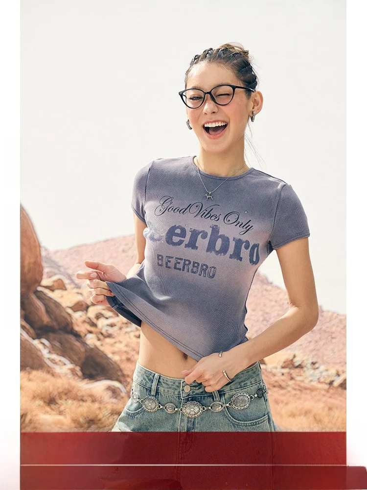 

BeerBro Women's Slim Fit Short Sleeve T-Shirt Gradient Fade Rhinestone Summer Street Style Cotton Polyester Blend round Neck ...