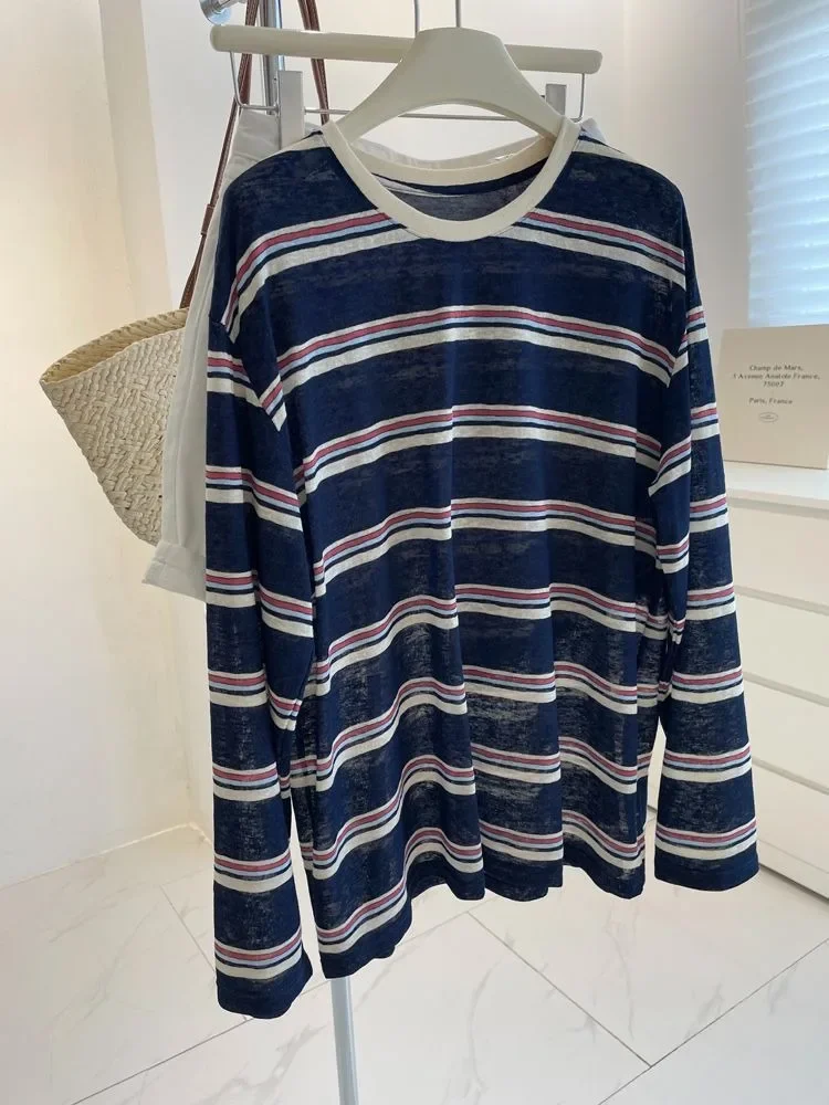 Minimalist Blue White Stripe Long Sleeve Top For Women, O-neck Oversized Lazy Fit French Style Casual T-shirt view 4