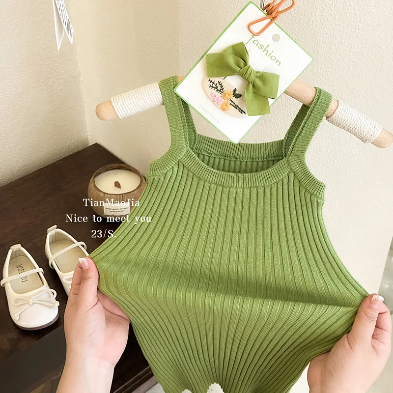 

Girl's Clothing2024Summer New Style Western Style Green Knitted Sling Dress Sunken Stripe Sleeveless Princess Skirt