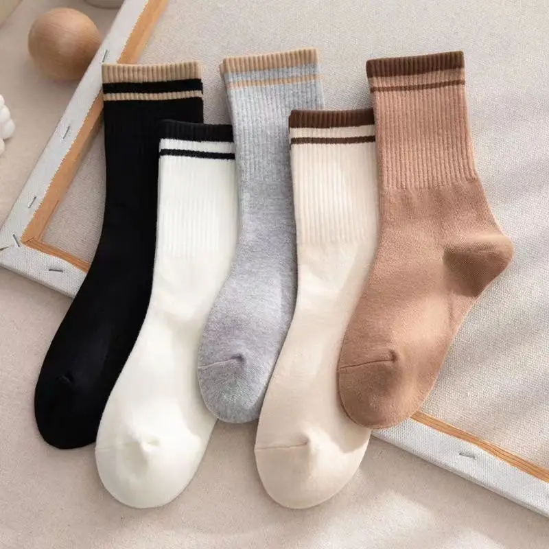 

5Pairs Women Autumn Stripes Sports Socks Solid Parallel Bars Splice Middle Tube Socks Fashion Soft Street Versatile Female Socks
