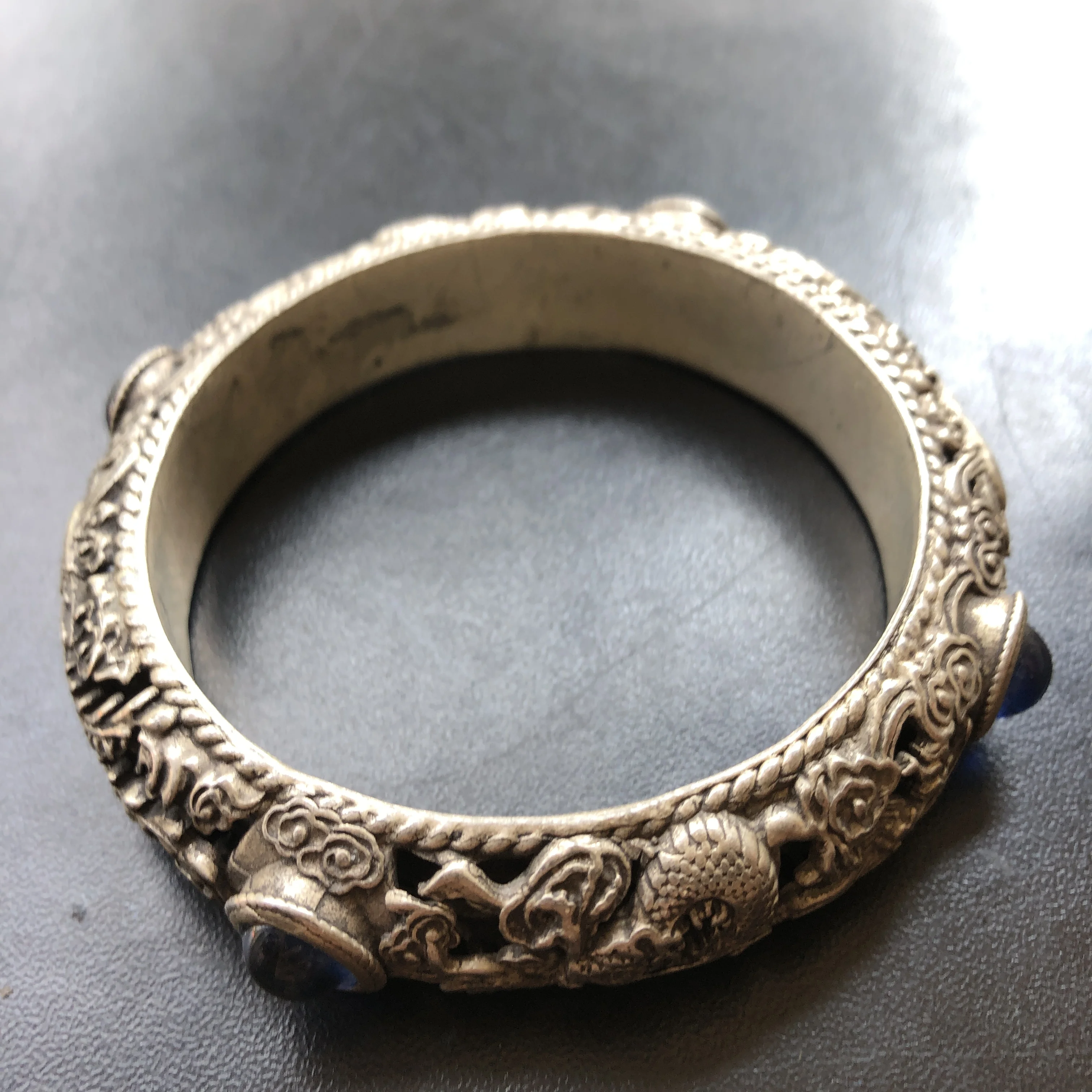 Vintage Tibetan Silver Bangle Open‑work Dragon Phoenix Carved Inlaid Blue Gemstone Retro Chinese Ethnic Hollow Bracelet Women St
