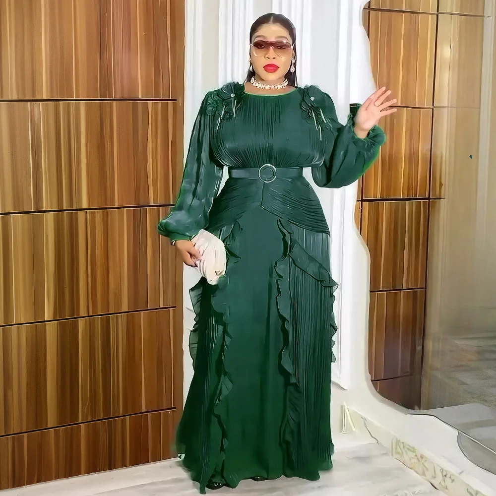

Fashion Elegant Women African Flower Dresses Belted for Women Plus Size Wedding Party Gown Ankara Dashiki Africa Clothing Outfit
