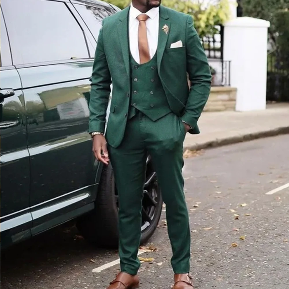 Men Green Suit 3 Piece Formal Wedding Tuxedos Fashion Party Wear Slim Fit Groom Dinner Prom Blazer Suits Jacket Pants Vest