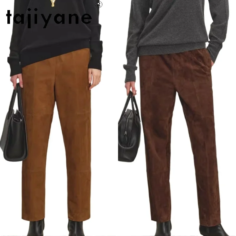 

TAJIYANE 100% Natural Goatskin Suede Pants for Woman Vintage Old Money Style Tapered Cropped Trousers 2026 Fall Women Clothes 바지