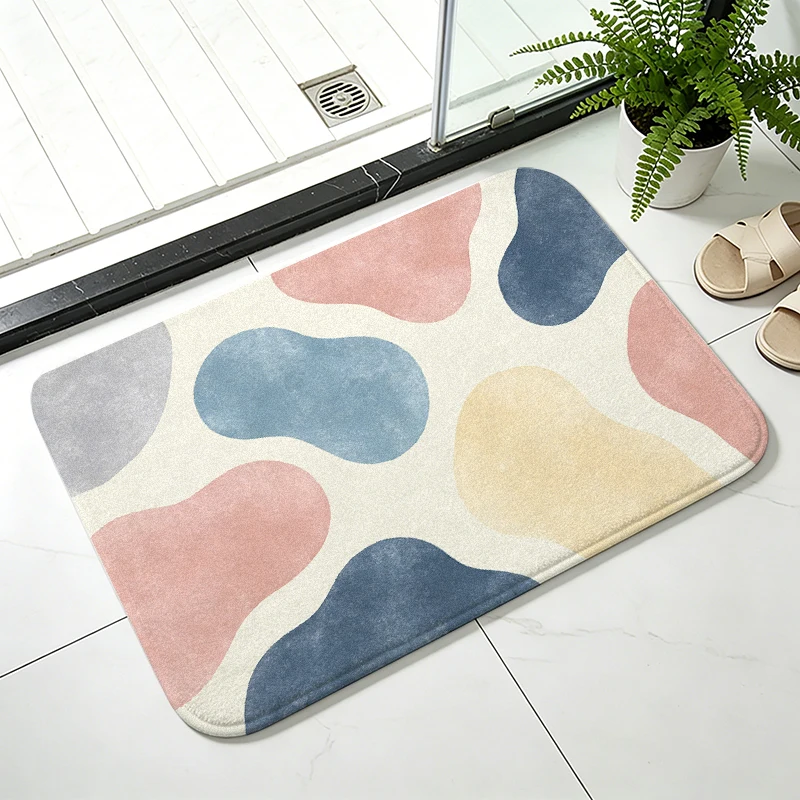 Aesthetic Morandi Flannel Bath Mat,Abstract Watercolor Non-Slip Bathroom Rug,Soft Absorbent Shower Mat for Minimalist Home Decor