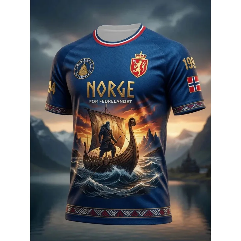 2026 Unisex Norway Football Soccer Jersey 3D Viking Warrior Shield Print Nordic Graphic Short Sleeve Game Day Fan Streetwear Tee