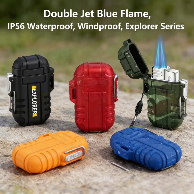 

Outdoor Waterproof Blue Jet Flame Lighter with Lanyard | Butane Turbo Windproof Cigar Lighter for Camping Wading