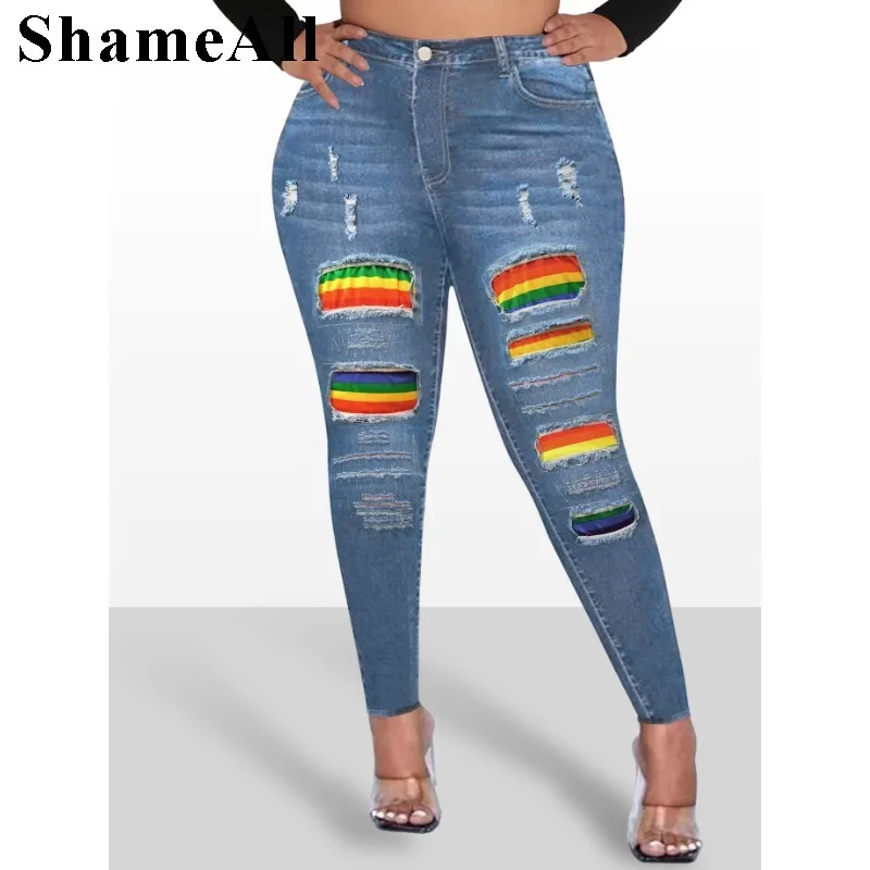 

Women's Plus Size Sexy Jeans, Rainbow Print Ripped High Rise Medium Stretch Button Fly Pocketed Skinny Jeans