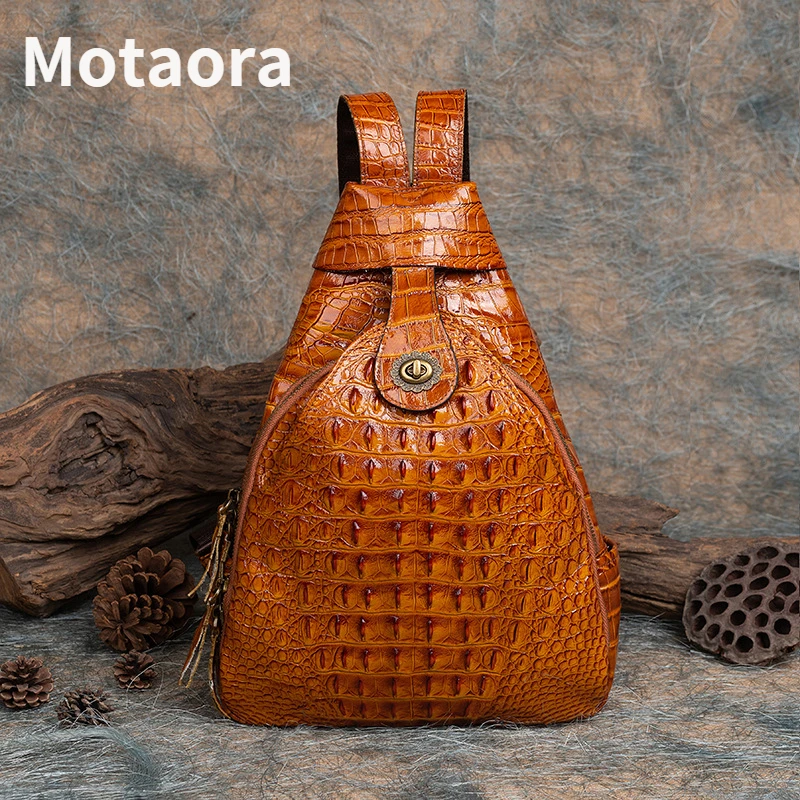 MOTAORA Genuine Leather Retro Women Backpacks For Men Multipurpose Shoulder Bags Embossing Crocodile Pattern Cowhide Backpack