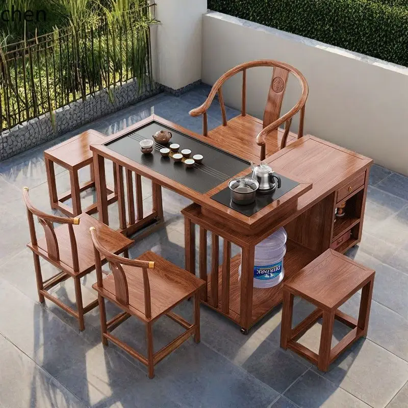 HXL Tea Table and Chair Set Living Room Solid Wood Rotatable Mobile Folding Tea Table Tea Brewing Table