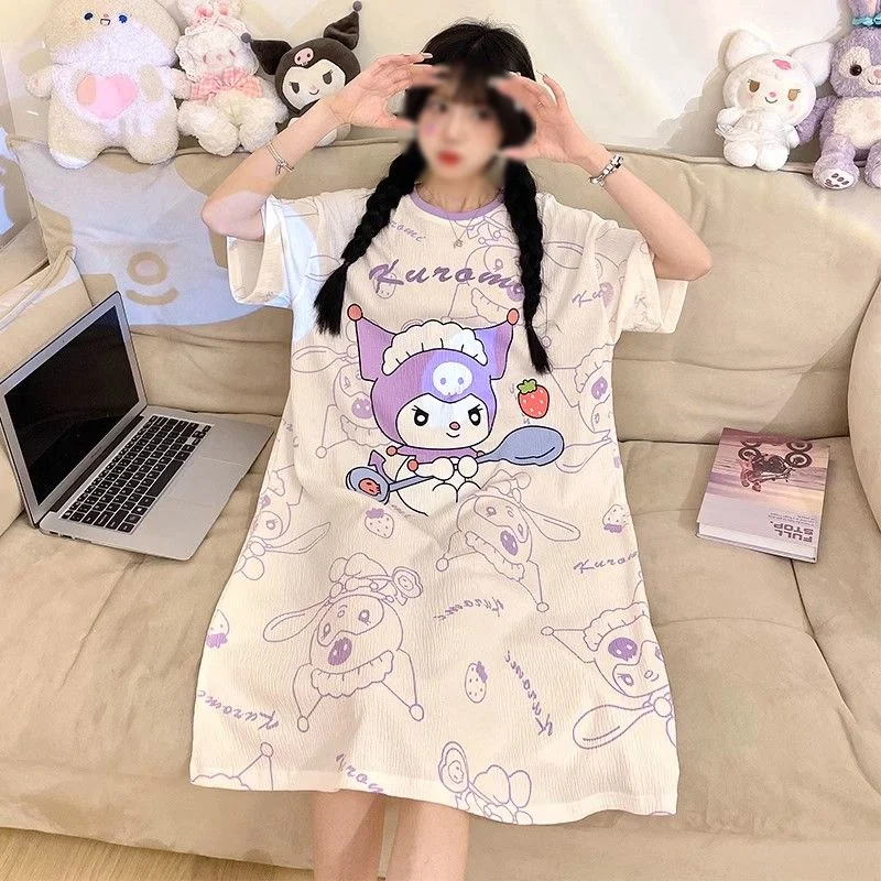 

Ночная юбка Sanrio Kuromi, женская одежда, летняя пижама, платье, ночная рубашка с мультяшным принтом, кавайная ночная рубашка с коротким рукавом, домашняя одежда в стиле Y2K