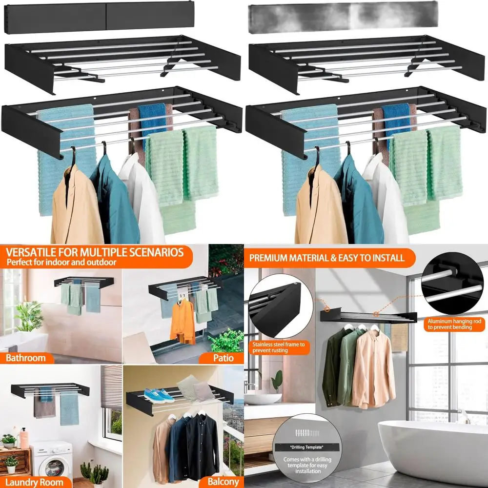 

Collapsible Wall-Mounted Laundry Drying Rack with 5 Aluminum Bars, 60 lbs Capacity, Black, 31.5