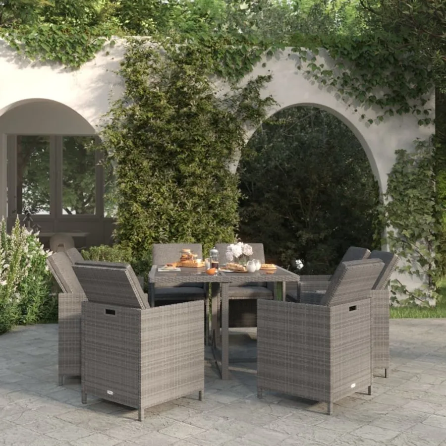 

9 Piece Patio Dining Set with Cushions Poly Rattan Gray