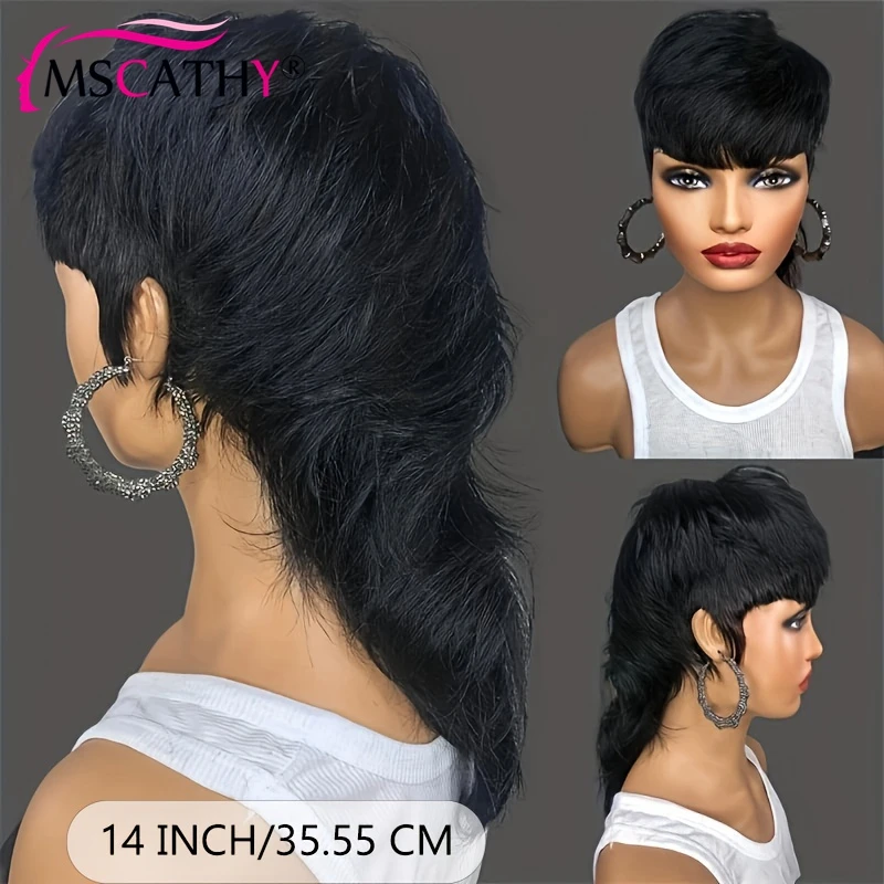 Perruque Brésilienne Naturelle Remy avec Frange pour Femme, Cheveux Lisses, Coupe Pixie Noire, Faite à la Machine