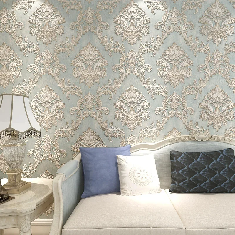 European Style 3D Stereo Damask Flocking Non-woven Wallpaper for Bedroom Living Room Modern Simple Decor 5.3 Sqm Wall Paper Roll