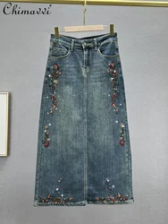 Denim Skirt Women's 2023 Winter Clothes New Fashion High Waist Loose Slimming Embroidered Hot Rhinestone Mid-Length Skirt S-5XL