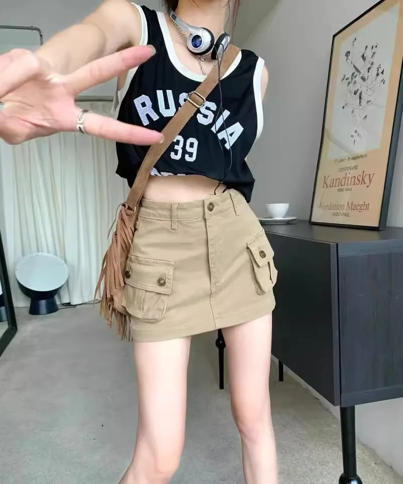 Cowboy-Midirock mit hoher Taille und amerikanischem Khaki-Farbton, kurzer Sommerrock im „Spicy Girl“-Stil, figurbetonter Rock für den Arbeitsalltag. – Detail 2