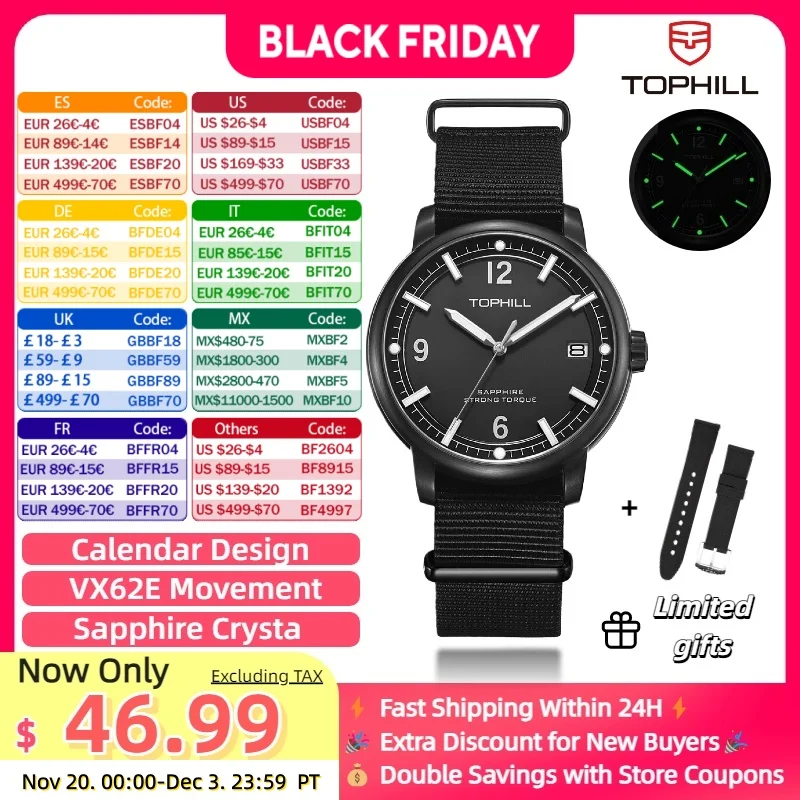 

TOPHILL Мужские кварцевые часы с сапфировым стеклом Светящиеся спортивные часы Винтажный дизайн