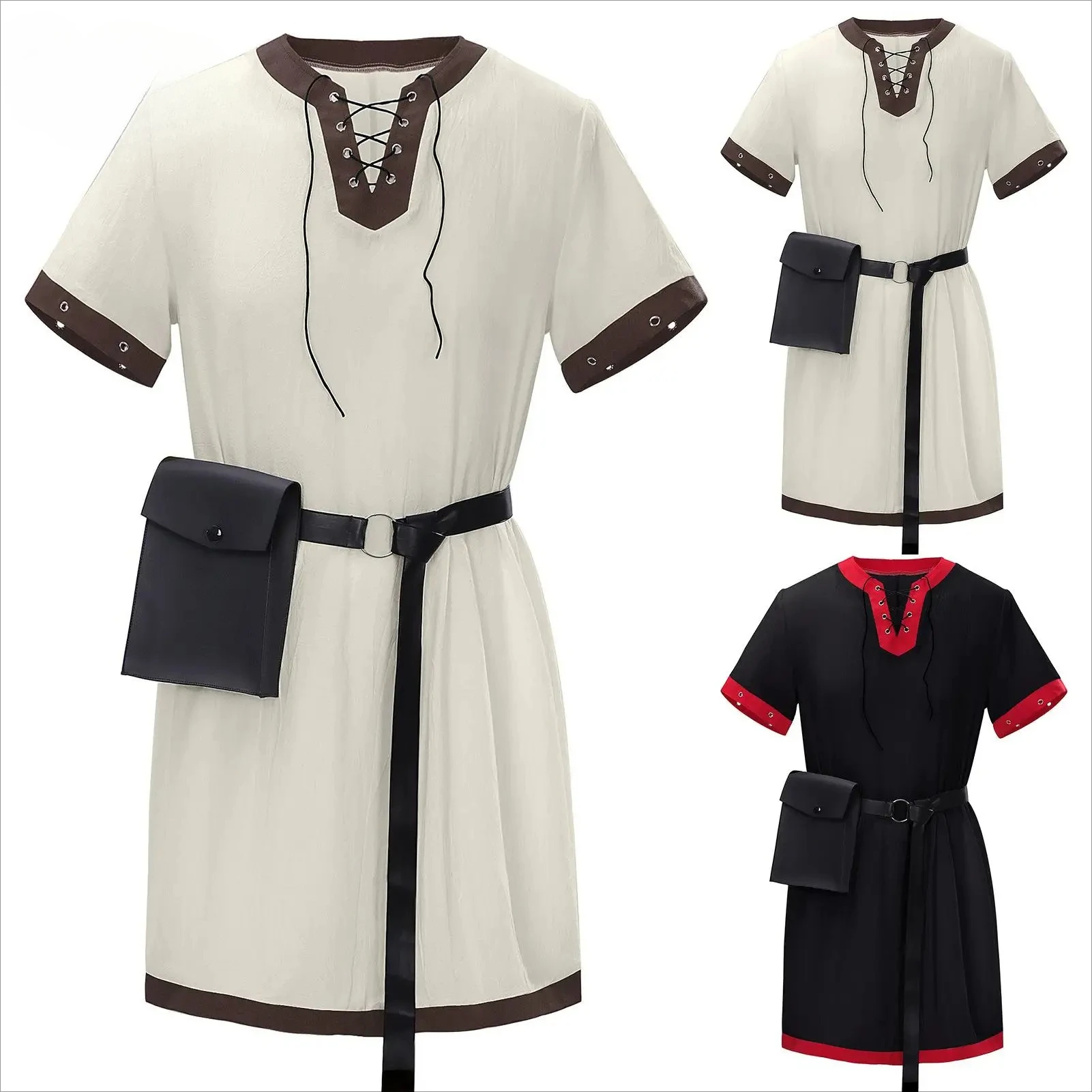 

Medieval Men Gown Halloween Pirate Belt Waist Bag Set Hunter Cosplay Costume Vintage Robe Adult Stage Performance Clothing