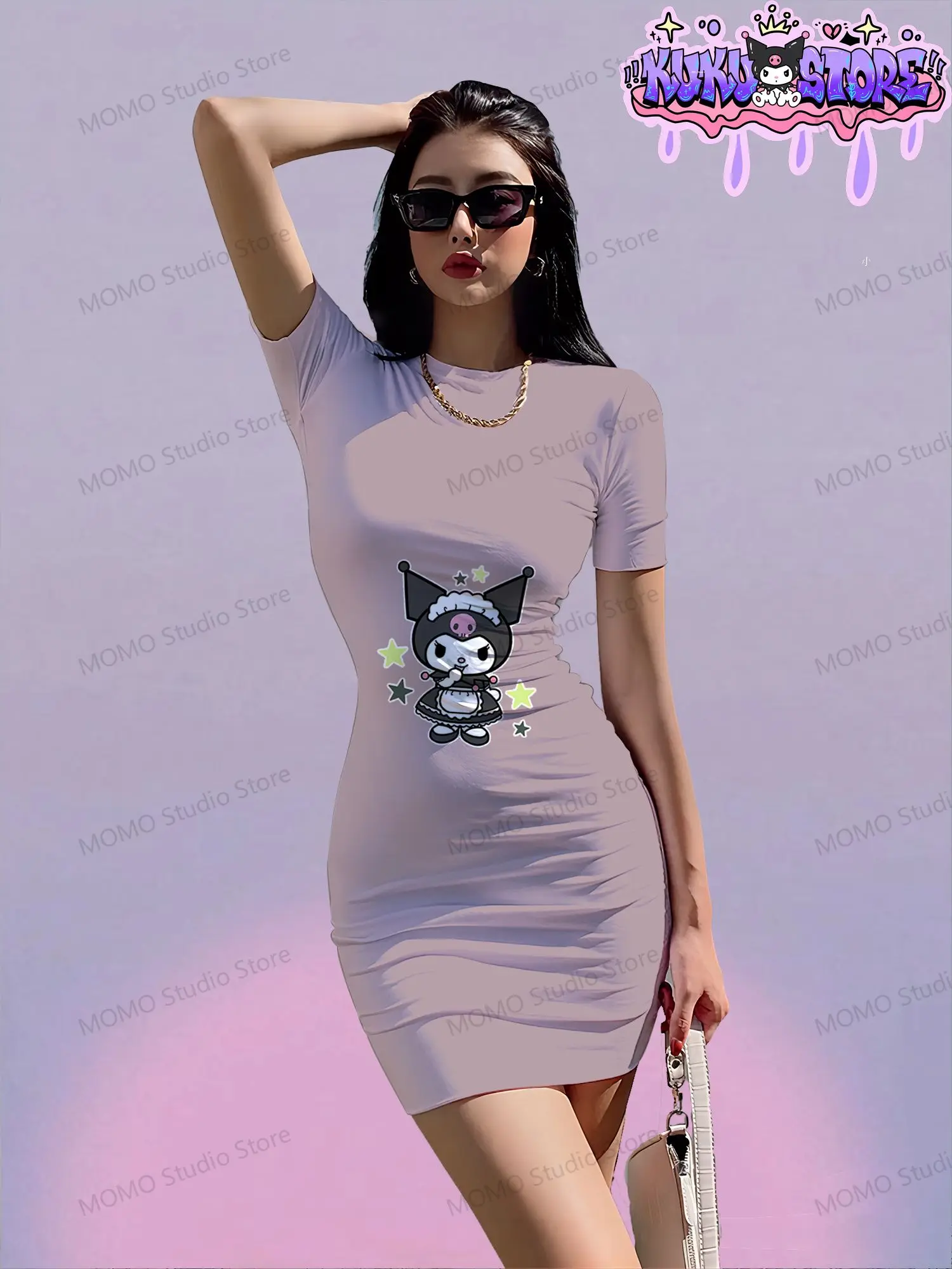 

Women's Short Sleeve Hip Dress Kuromi Kawaii Sexy Dresses Summer 2024 S-3XL Y2k Sanrio O Neck Fashion New Elegant Young Girls