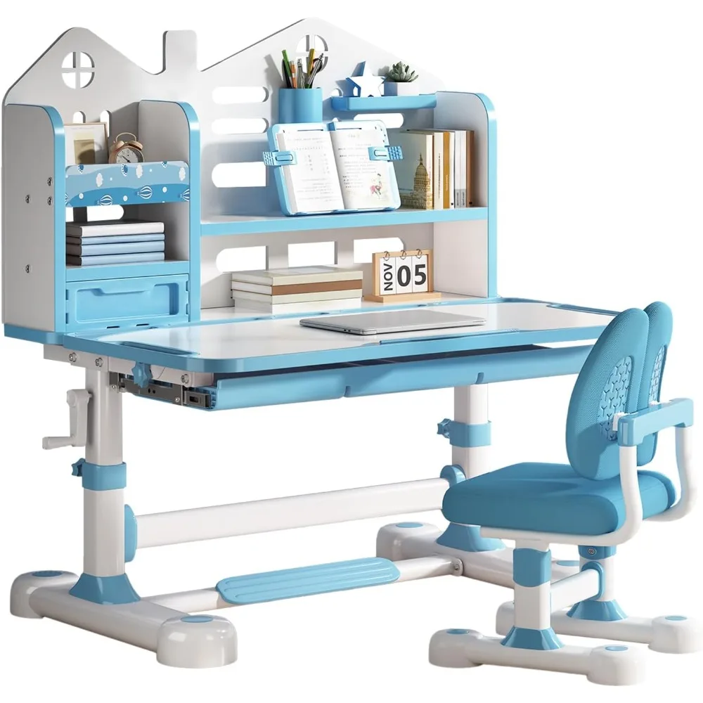 Zestaw biurka i krzesła dla dzieci - regulowane w wysokości ergonomiczne biurko do nauki z łatwą obracaną korbą, 50 °   Półka na biurko z możliwością nachylenia, szuflada do przechowywania