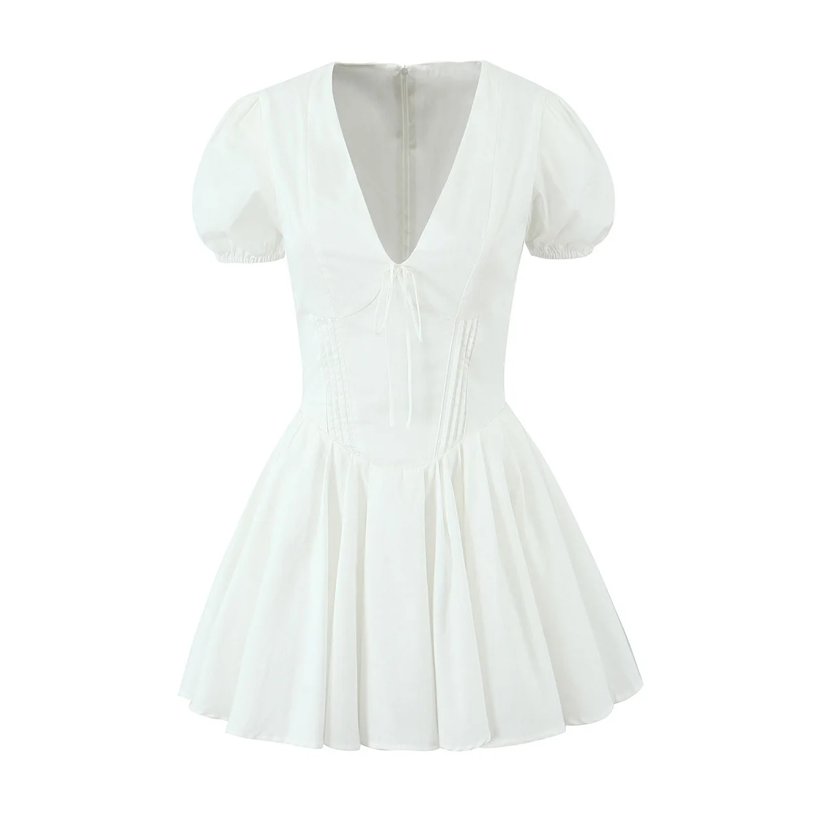 2024 seksowna biała sukienka z niska klatka gorsetem w stylu Mini sukienka krótki bufiasty rękaw kobiet marszczona plisowana suknia balowa