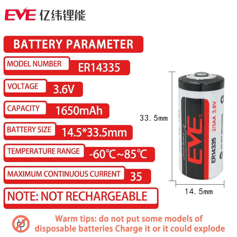 EVE ER14335 3.6V 2/3AA Primary Lithium Battery For Video Camera Electric Equipment Wireless Automotive Electronics Gas Detector