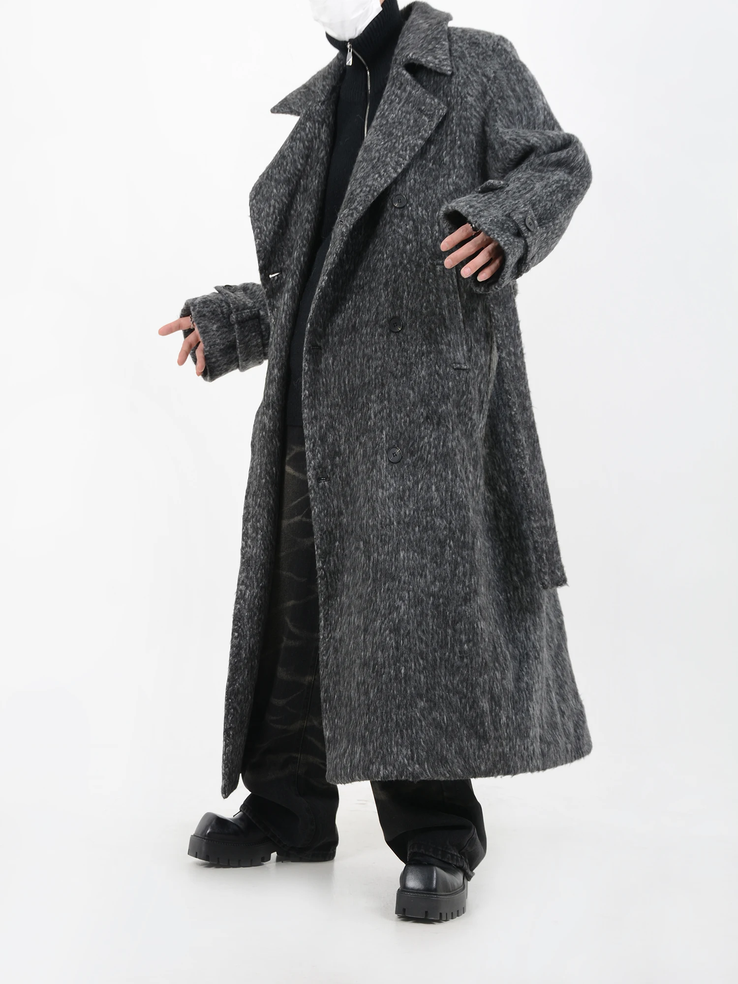 

Fashion Designer Style Deconstruction Woolen Coat Outerwear Men's Thickened Lace-up Design Sense Overknee Long