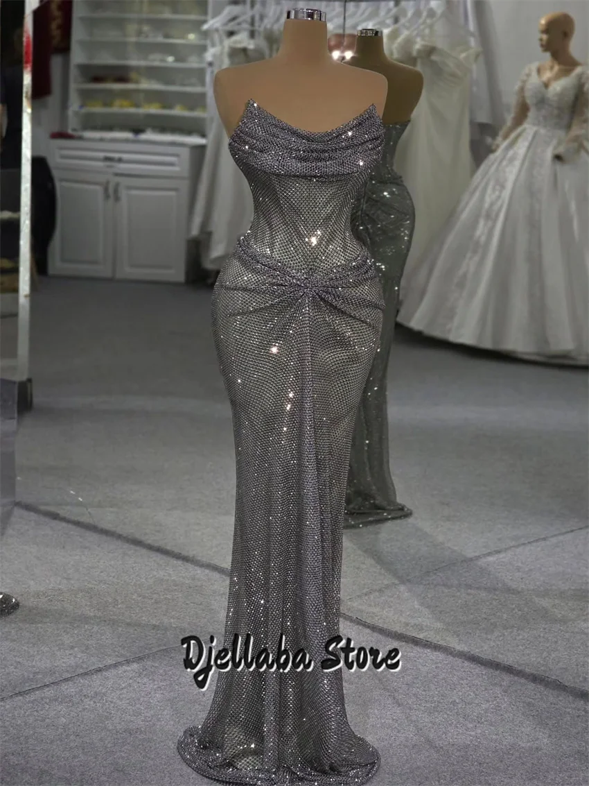 

Glitter Strapless Silver Mermaid Prom Dresses 2025 Sleeveless Crystals Evening Dresses Elegant Customized Wedding Party Dresses