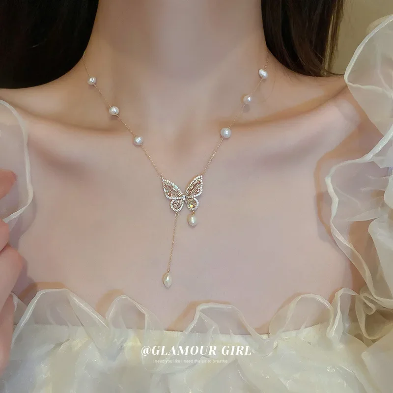 

Love Butterfly Pearl Fringe Necklace Female Fashion High-grade Collar Bone Chain Collar Wholesale 2024 Jewelry for Women Korean