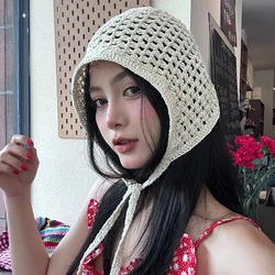 Korean Sweet Handmade Hollowed-out Knitted Headscarf Hats for Women Summer Seaside Travel Thin Photo Versatile Beanies Cap