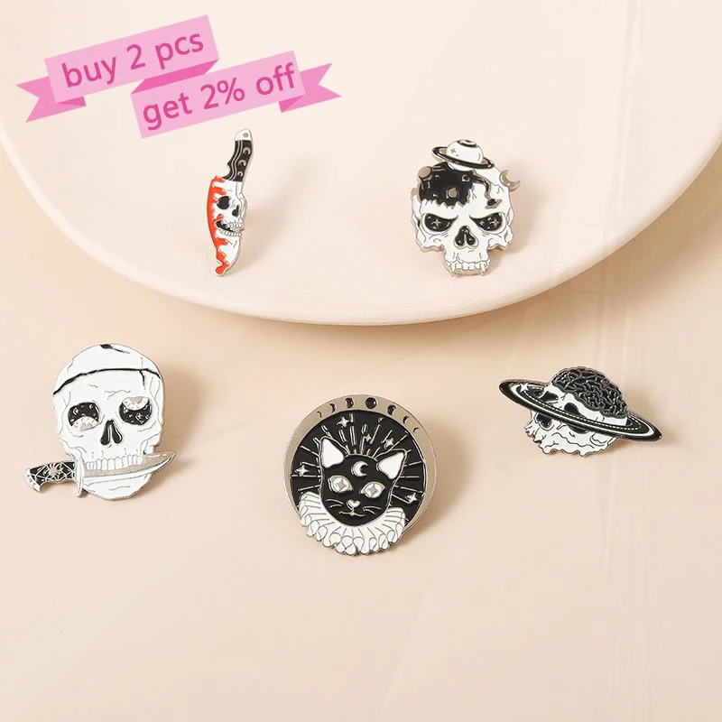 Adventure Cats Pines Lapel Badges Punk Gothic Jewelry Gift for Friends Skeleton Dagger Enamel  Brooch Custom Universe Planet