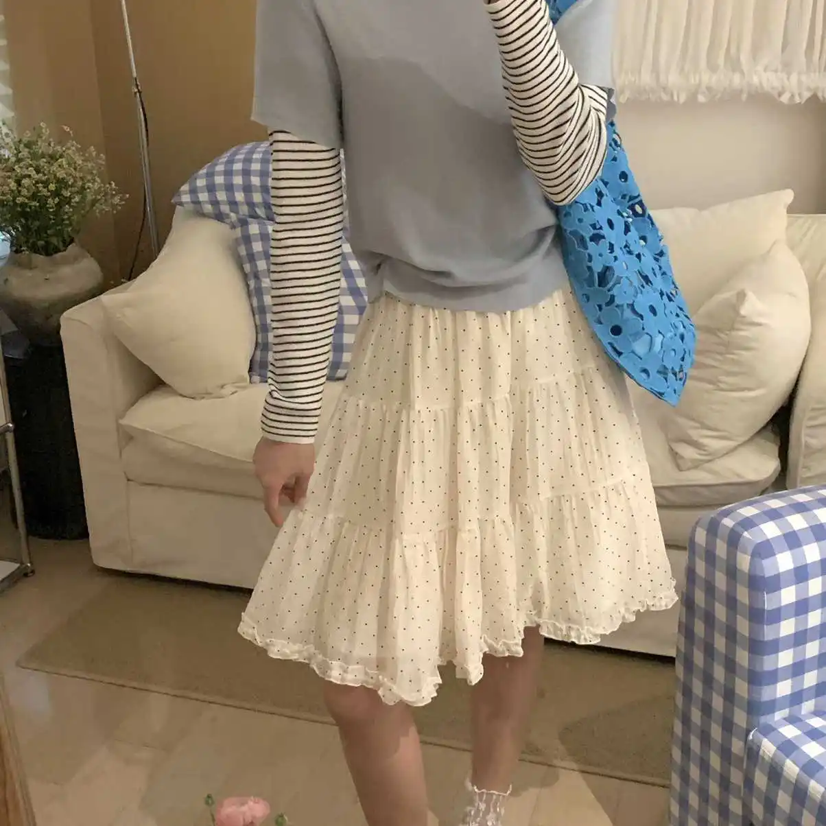 

Polka Dot Women's Fungus Edge Splicing Versatile Cake Skirt Spring and Summer New High-waisted A-word Middle Skirt