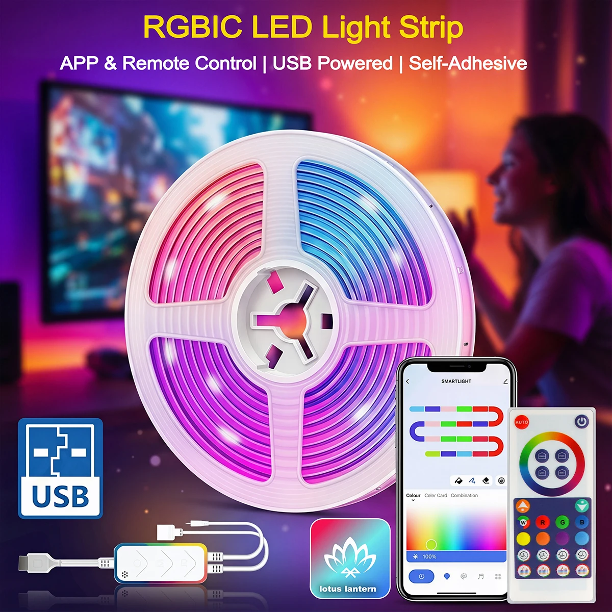 TUYA LED Strip Light 18LEDs/M Bluetooth Remote Control RGBIC Dreamcolor LED Strip SMD5050 Addressable Light Lamp Work with Alexa