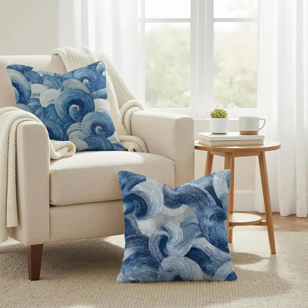 Nautical Wave Pattern Throw Pillow Covers for Sofa Couch Home Decor Ocean Blue Seascape Accent Cushion