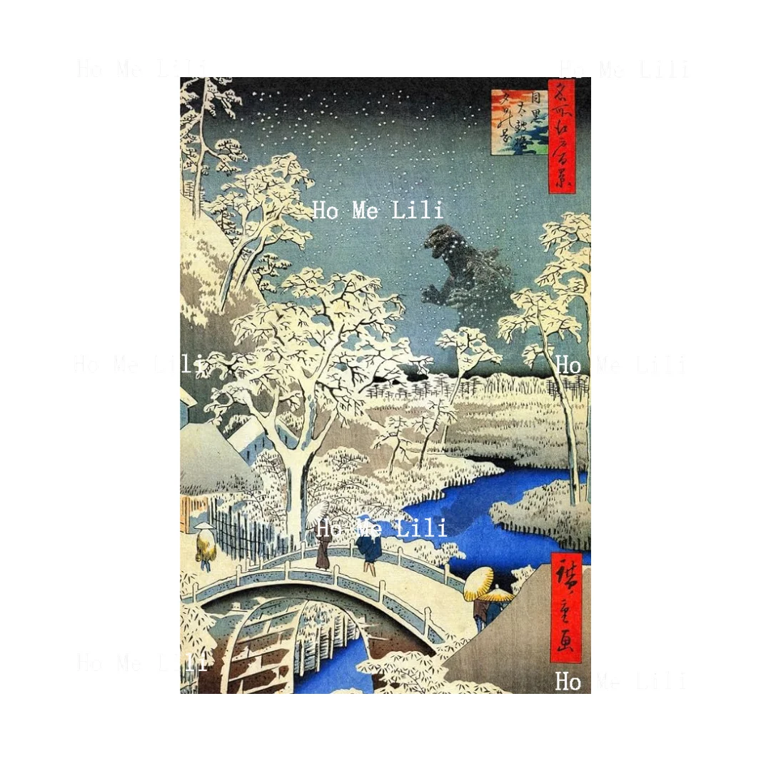 Hiroshige Kaiju Monster At Bridge Fun Poster Japanese Style Yukawa Hiroshi Art Metal Tin Sign