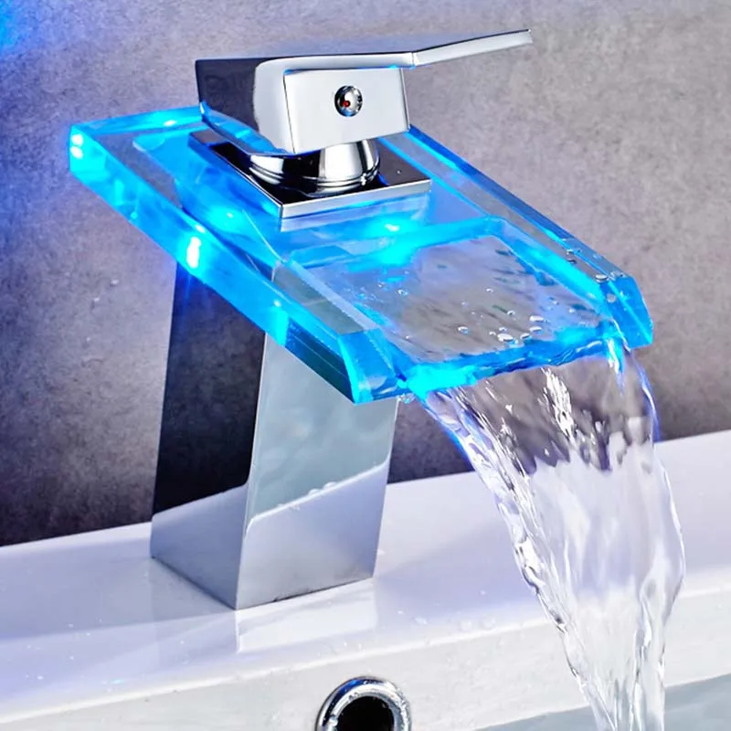 

3 colors LED Luminous Basin Faucet Square Waterfall Washbasin Hydropower Faucets Temperature Controlled Cold Hot Water Mixer Tap