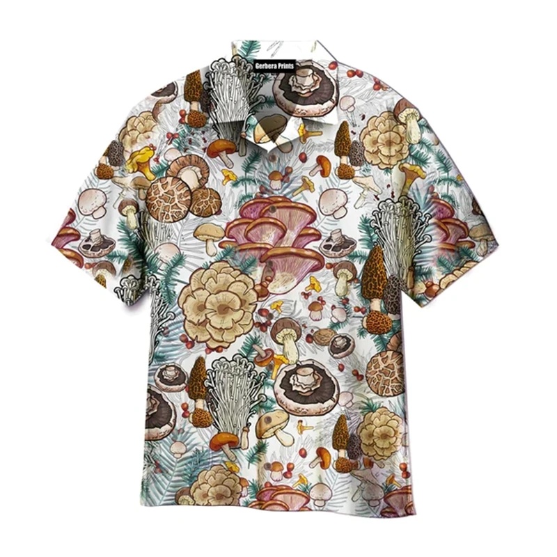 Summer Men's Hawaiian Shirt Lapel Short Sleeve Colorful Element Mushroom Pattern 3D Print Button Trend Casual Shirt Tops Clothes