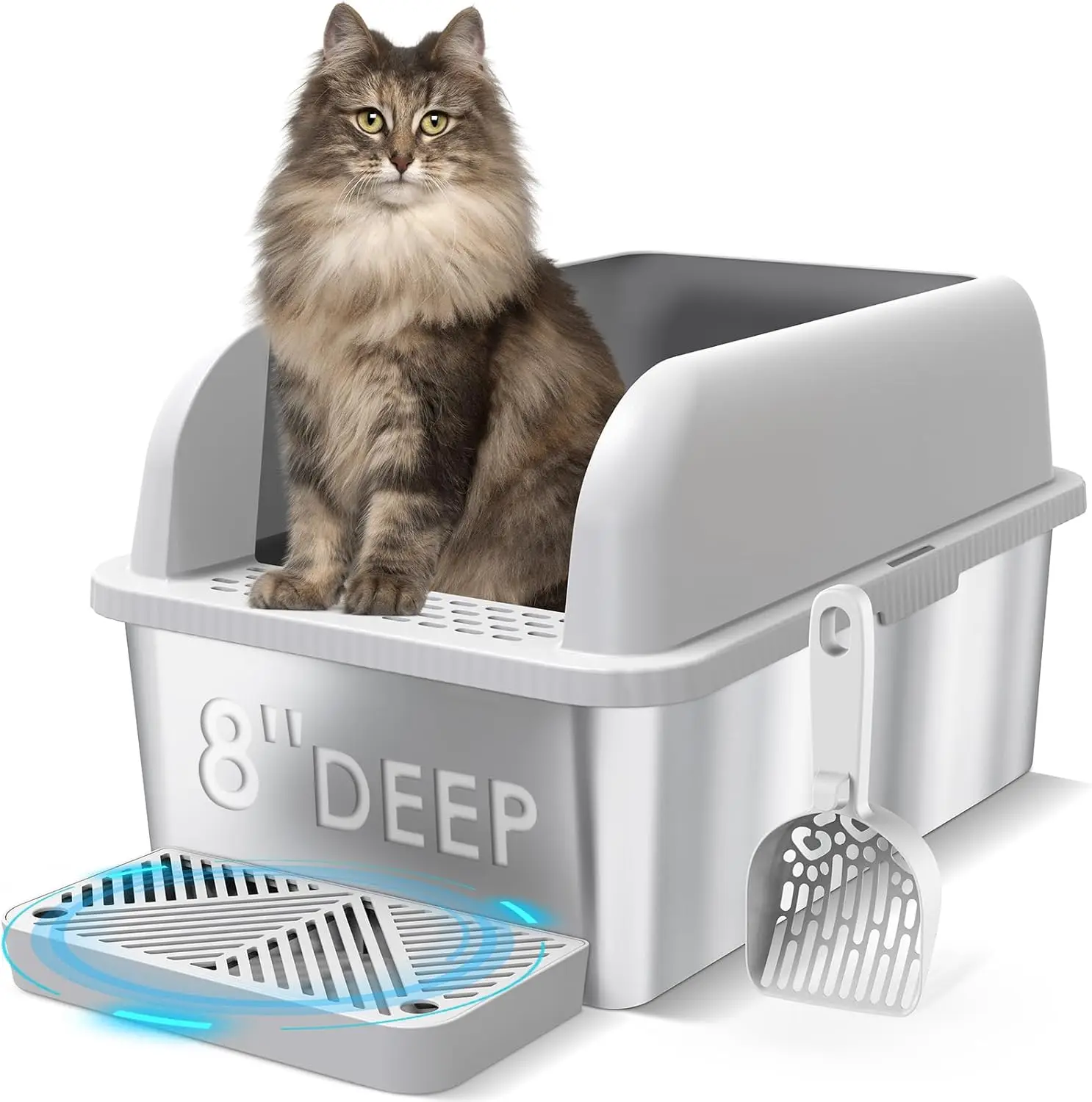 Extra Large Stainless Steel Cat Litter Box with Lid, High Walls for Big Cats, Anti-Leak and Easy Clean