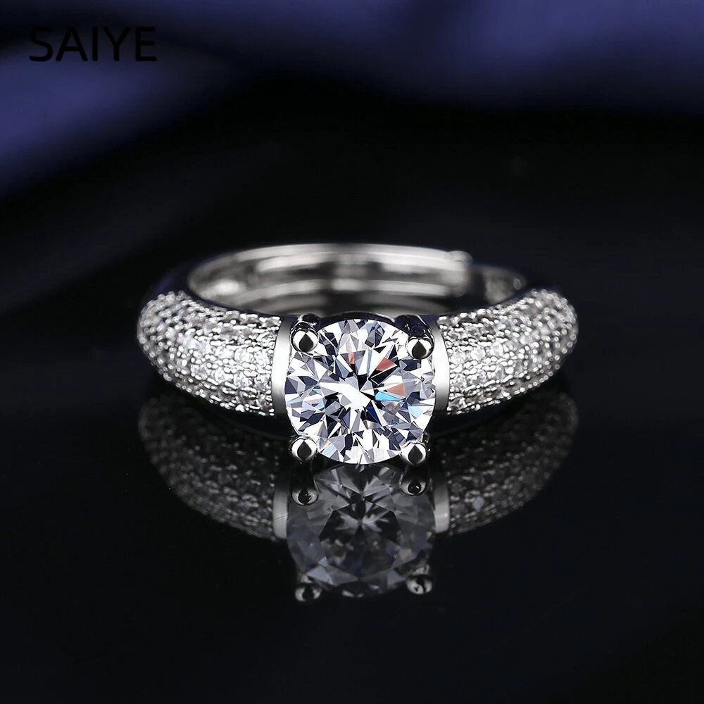 925 Sterling Silver Round Moissanite Ring Luxury Full Paved Cubic Zirconia Band Adjustable Wedding Ring for Women Jewelry Gift