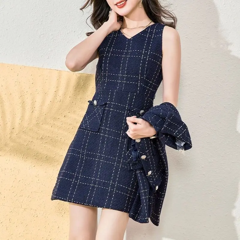 Suits Xiaoxiangfeng Checkered Acket And Mini Dresses Ladies Autumn Suits For Women 2 Piece Set Fashion New Autumn Women\'S Casual