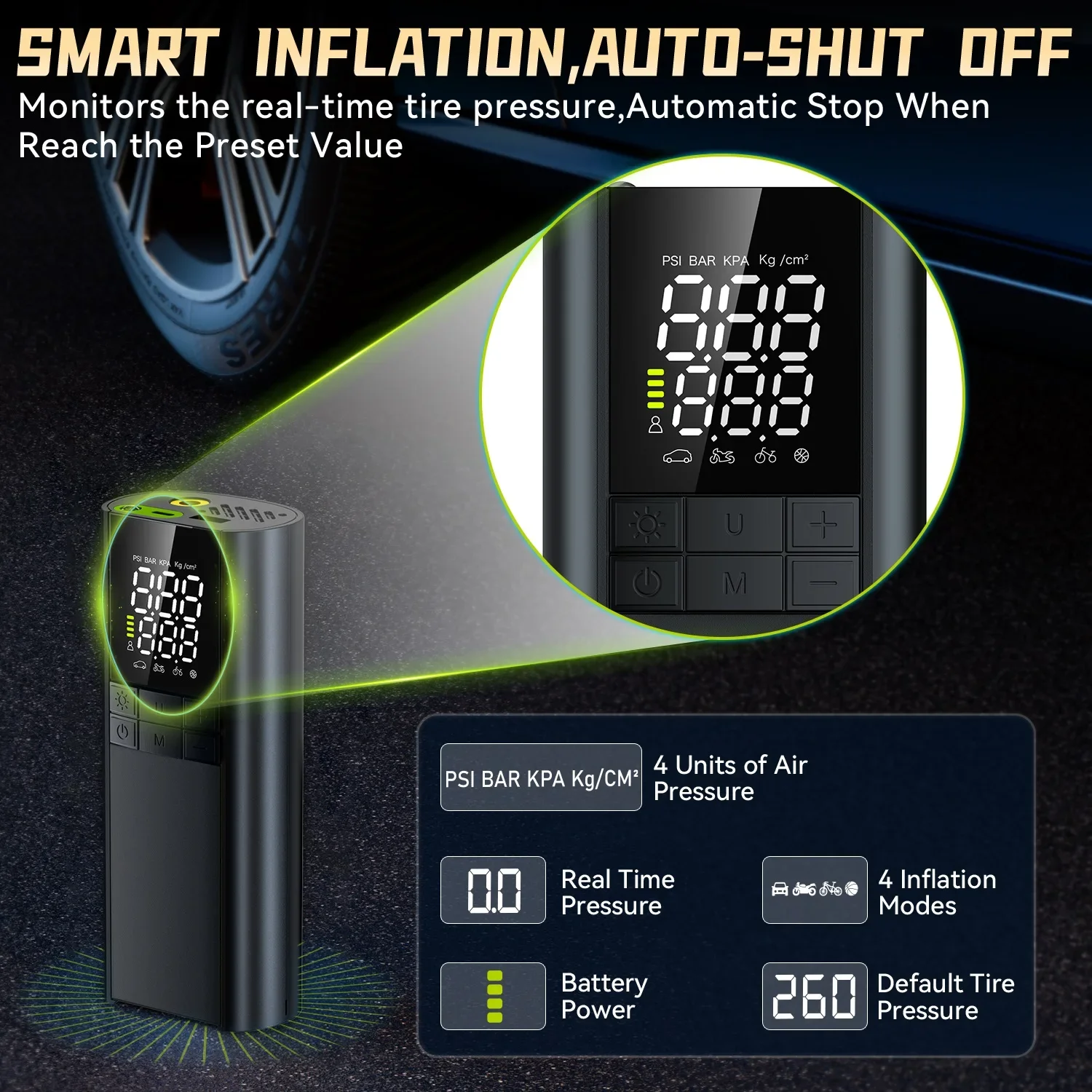 8000mAh Car Inflatable Pump Portable Charging Intelligent Safety with SOS Signal Light for Car Motorcycle Electric Car Bicycle