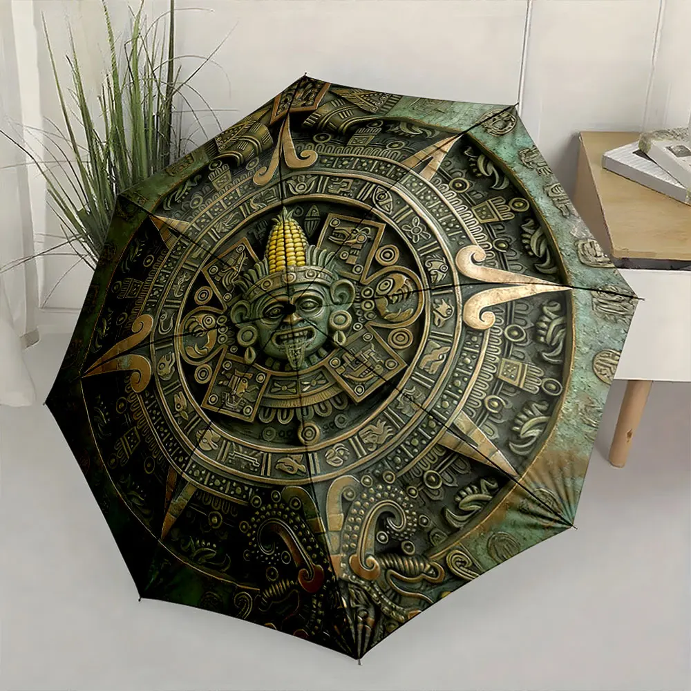 1PC Antique Aztec Calendar Designs on Unique Umbrella Print 8 Iron Ribs Folding Umbrella Auto-Open Fashion Sunshade