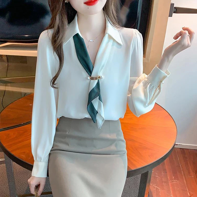 Women V Neck Bow Tie Elegant Blouses Fashion V Neck Long Sleeve Business Casual Office Lady Shirt Spring Autumn Solid Chic Tops