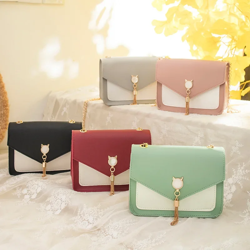 Women's Bag New Sweet and Cute Cat Tassel Decoration Chain One Shoulder Small Square Bag Casual Messenger Bag